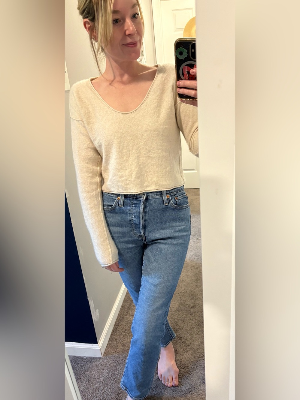 Free People Cream Cropped Scoop Neck Pullover